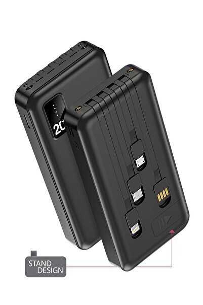 POWERWAY 20.000 Mah Kablolu Dijital Göstergeli 20.000 Mah Garantili Dahili Stand TX209 Siyah1 Powerbank