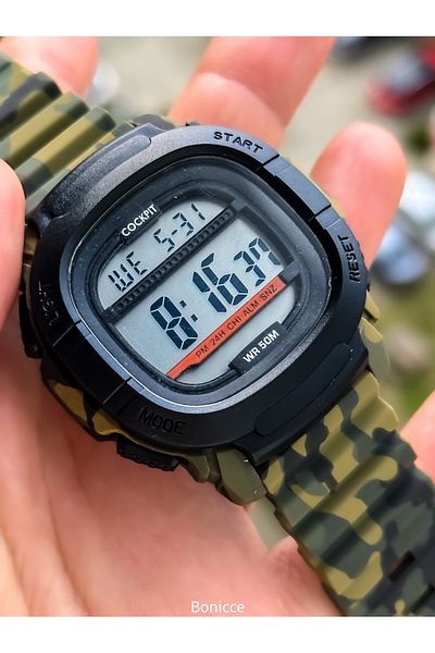 Cockpit Suitable for Pool Sea Use Military Green Silicone Cord, Illuminated, Digital Sports Men's Wristwatch Bracelet