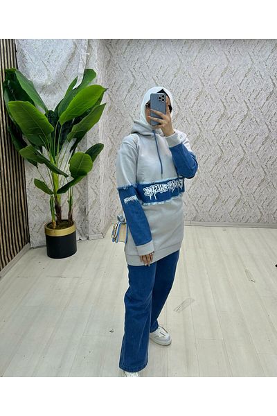 zümrüt moda Winter Jeans Set - Hooded Tunic and Trousers, 1768