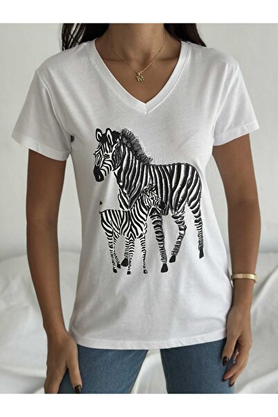 Laderra تي شيرت زيبرا منقوش برقبة على شكل حرف V وترتر