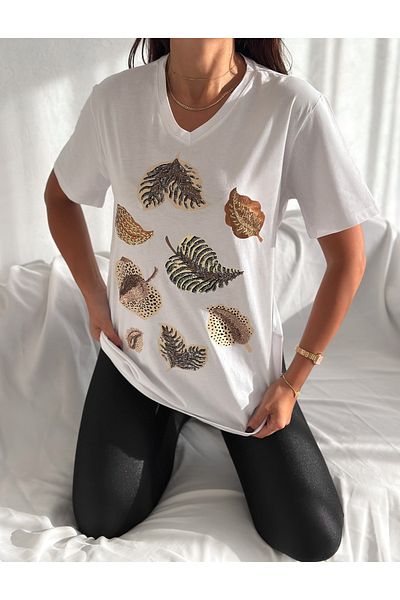 Laderra Leaves Patterned Large Size V-Neck T-Shirt