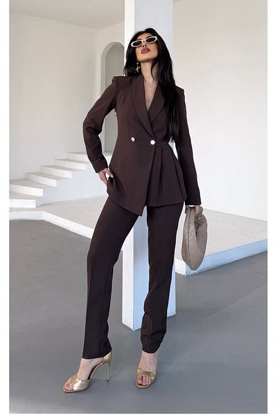 pembekurdelem Women's Pleated Jacket Pantalon Set Brown