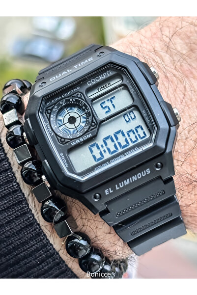 Cockpit Black Color Silicone Cord, Illuminated, Digital Sports Men's Wristwatch Bracelet Suitable for Pool and Sea Use