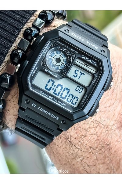 Cockpit Black Color Silicone Cord, Illuminated, Digital Sports Men's Wristwatch Bracelet Suitable for Pool and Sea Use