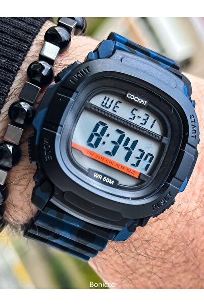 Cockpit Suitable for Pool Sea Use Military Blue Silicone Cord, Illuminated, Digital Sports Men's Wristwatch Bracelet