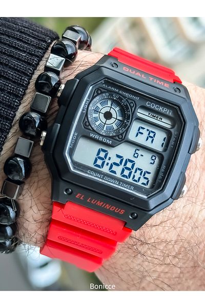 Cockpit Red Color Silicone Cord, Illuminated, Digital Sports Men's Wristwatch Bracelet Suitable for Pool and Sea Use