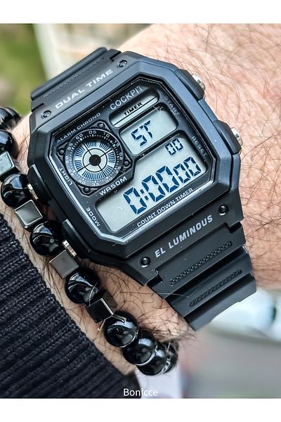 Cockpit Black Color Silicone Cord, Illuminated, Digital Sports Men's Wristwatch Bracelet Suitable for Pool and Sea Use