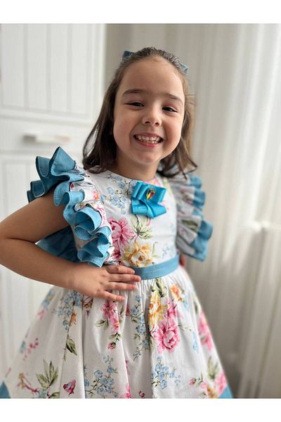Sare Çocuk Giyim Rochie de prințesă pentru ocazii speciale, cu volane, cu flori albastre + cataramă