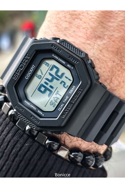 Cockpit Black Color Silicone Cord, Illuminated, Digital Sports Men's Wristwatch Bracelet Suitable for Pool and Sea Use