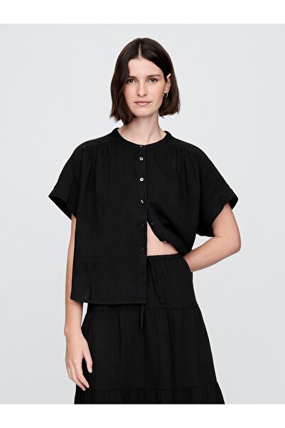 GAP Kadın Siyah Crinkle Gauze Gömlek