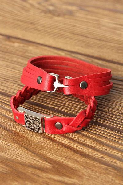 NEZADE STORE Red Color Leather Men's Bracelet Combination with Patterned Metal Accessories -