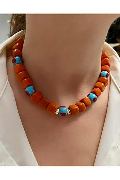 Kutcha Accessories Bodrum Boncuklu Kolye Turuncu ve Turkuaz Renkli Tasarım