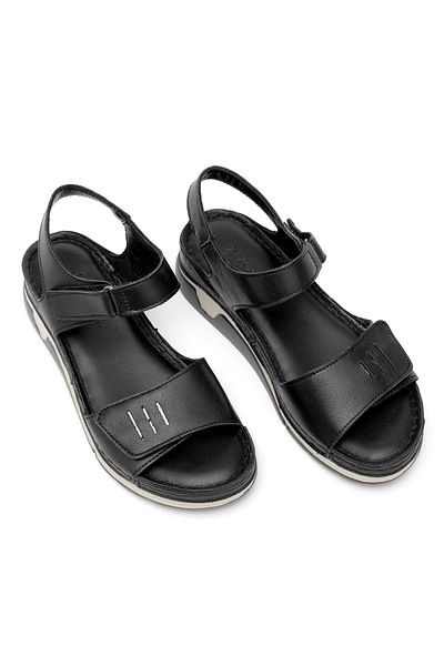 Ayakkabı Fuarı Women's Genuine Leather Orthopedic Flat Sandals - Elit Rhmm-22 Black