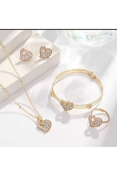 beynaaksesuar Heart Motif Mixed Heart Stone Necklace-Earrings-Ring-Bangle Set Gift Set for Lover