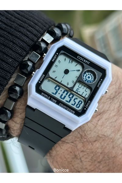 Cockpit Green Color Silicone Cord, Illuminated, Digital Sports Men's Wristwatch Bracelet Suitable for Pool Sea Use