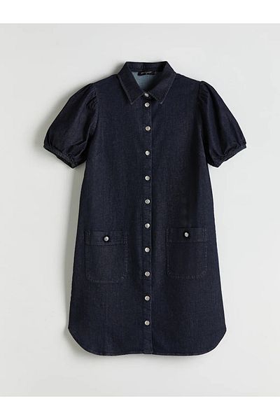 LC Waikiki LCW Comfort Indigo Shirt Collar Mini Jean Dress