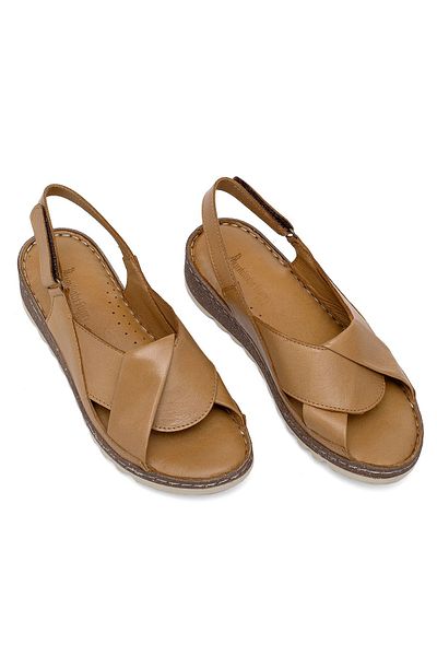 Ayakkabı Fuarı Women's Orthopedic Flat Sandals Tan - Elit Rhm018 Genuine Leather