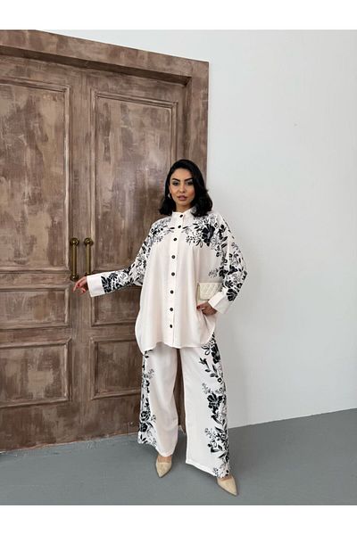 WellWay White Floral Jessica Fabric Shirt & Pants Set 25100