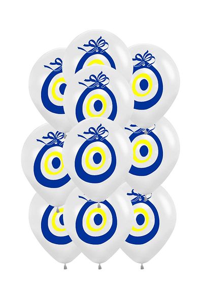 Patladı Gitti 12 Inch White Mashallah Balloon with Evil Eye Beads 10 Pieces
