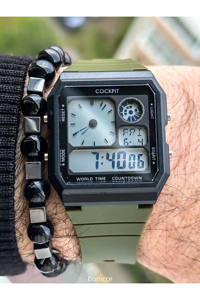 Cockpit Green Color Silicone Cord, Illuminated, Digital Sports Men's Wristwatch Bracelet Suitable for Pool Sea Use