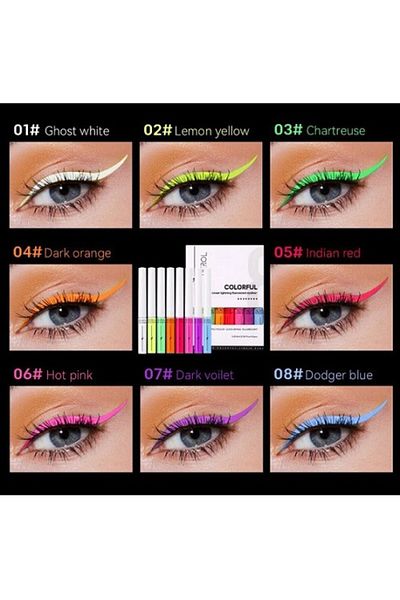 DEROL Σετ Tus Lichid Colorat, Derol, Colorful Fluorescent Eyeliner, 8 Tusuri Ochi
