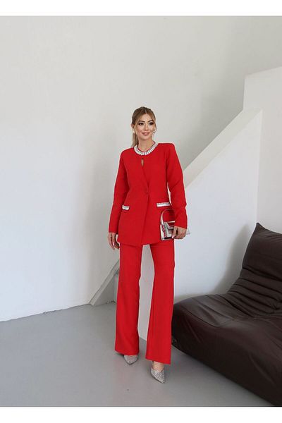 1Moda1Tarz Women's Imported Fabric Stone Embroidered Collar and Button Detailed Lined Jacket Pants Design Set