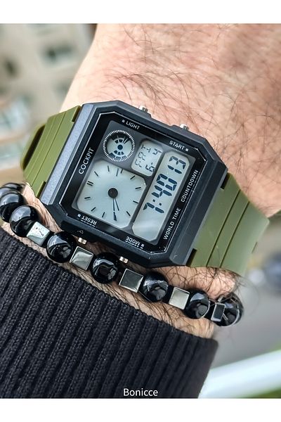 Cockpit Green Color Silicone Cord, Illuminated, Digital Sports Men's Wristwatch Bracelet Suitable for Pool Sea Use