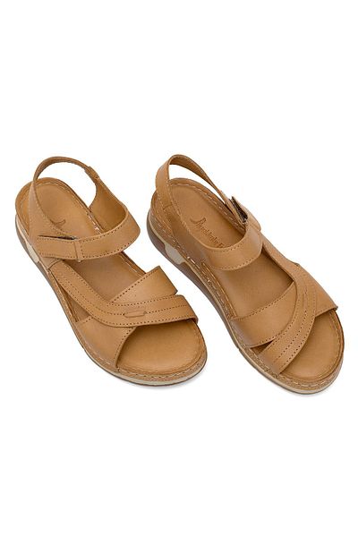 Ayakkabı Fuarı Women's Orthopedic Flat Sandals Tan - Elit Rhmm-14 Leather