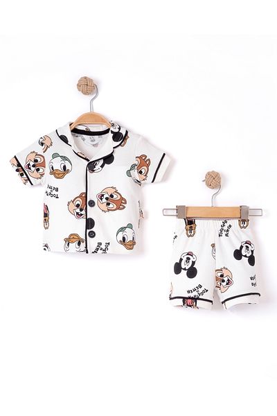 Bolly Baby Cute Animals Patterned Double Breasted Collar Button Detailed Summer Baby Boy Pajama Set 6-24 Months Ecru