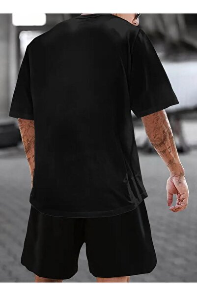 Framgan Erkek Sokak Stili Şahlanan At Baskılı Siyah Şort T-Shirt Takım
