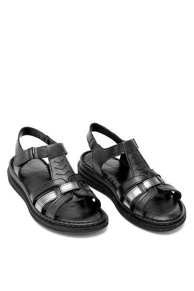 Ayakkabı Fuarı Elit Rhm017 Women's Genuine Leather Orthopedic Flat Sandals Black