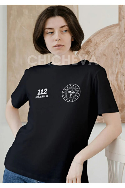 Chicheva 112 Acil T-Shirt Siyah Kadın %100 Pamuk Rahat Kalıp Bisiklet Yaka Mo...