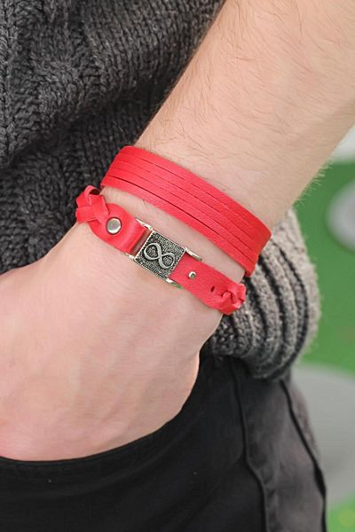 NEZADE STORE Red Color Leather Men's Bracelet Combination with Patterned Metal Accessories -