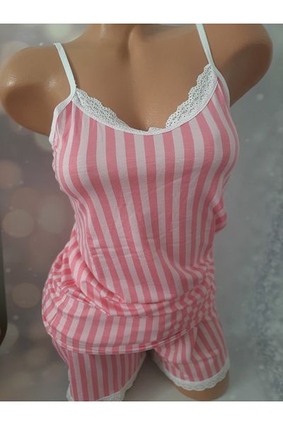 Butik Pink Striped Thin Strap Lace Top at the Neck and Leg Lace Detailed Women's Shorts Suit