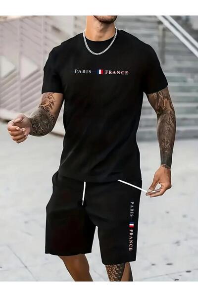 Framgan Erkek Sokak Stili Paris France Baskılı Şort T-Shirt Takım