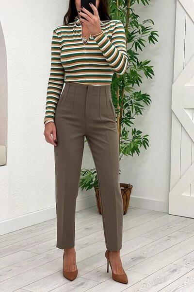 Ravencia Kadın Model Yüksek Bel Kumaş Vizon Pantolon