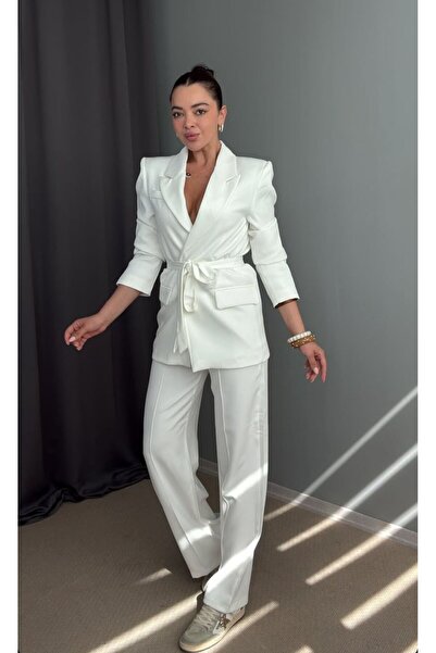 MODAGK Double Fabric Belted Suit with Padding Detail