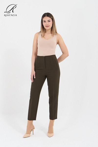 Ravencia Women's Model High Waist Fabric Khaki Pants