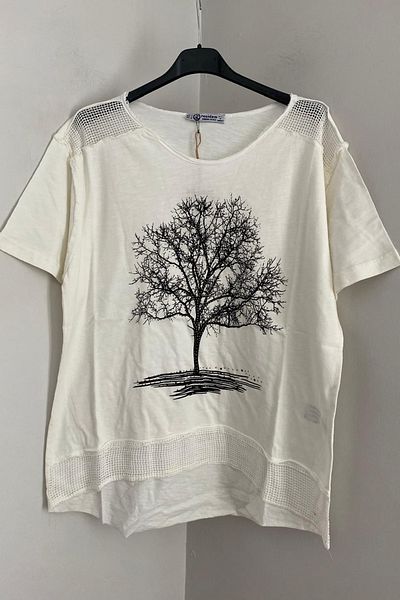 AYASOFYA OTANTIK Women's White Shoulder and Hem Ends Mesh Distressed Detailed Staple Metal Tree Printed Short Sleeve Blouse