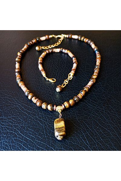 Asteria Elite Tiger Eye Jasper Stability, Peace and Self-Confidence Necklace Bracelet Set