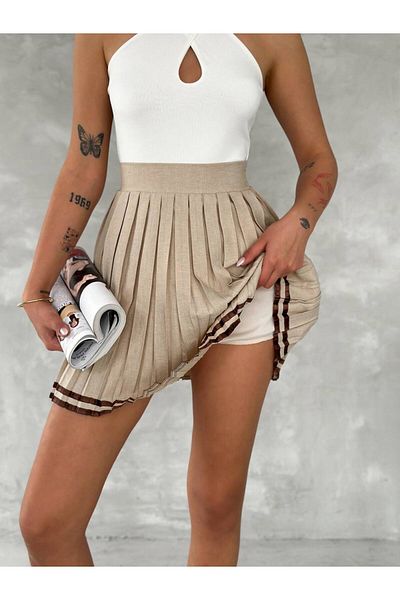BYKUZEYARAS Fusta mini plisată cu pantaloni scurți din in - Venus Elegance
