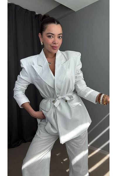 MODAGK Wadding Detailed Striped Belted Linen Suit