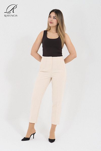 Ravencia Women's Model High Waist Fabric Light Cream Trousers