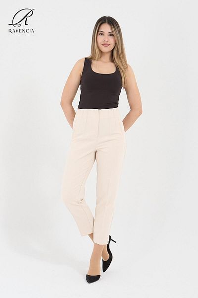 Ravencia Women's Model High Waist Fabric Light Cream Trousers
