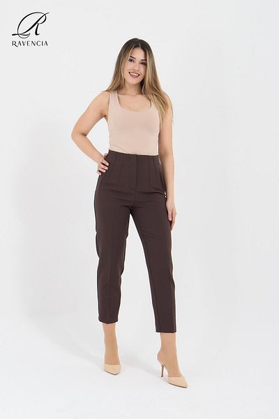 Ravencia Women's Model High Waist Fabric Brown Trousers