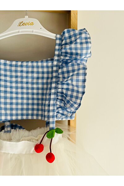 Linikids Kız Çocuk Mavi Kiraz Modelli Tütülü Beli Açık Elbise