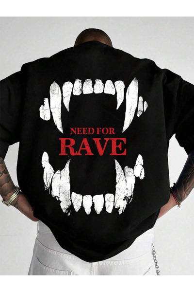 Revasser Unisex Erkek/Kadın RAVE Özel Baskılı Oversize Pamuklu Bisiklet Yaka T-Shirt