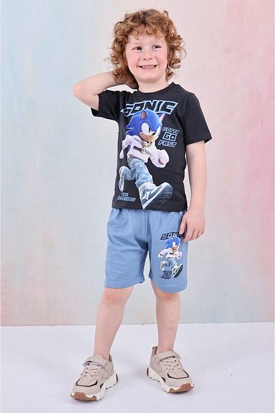 Yağmur Giyim PJKSKT Costum cu mânecă scurtă pentru băiat cu model Sonic cu pantaloni scurți albaștri 7613-M