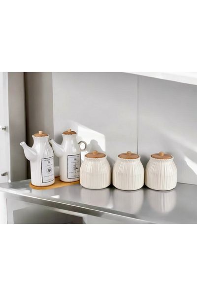 Kitchen Pembelia طقم بورسلين ديزي مكون من 6 قطع مع حامل ووعاء زيت مكون من قطعتين و3 برطمانات ديزي