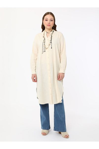 ALİA Plus Size Natural Fabric Neck Buttoned Shirt Tunic - Light Stone - Alia